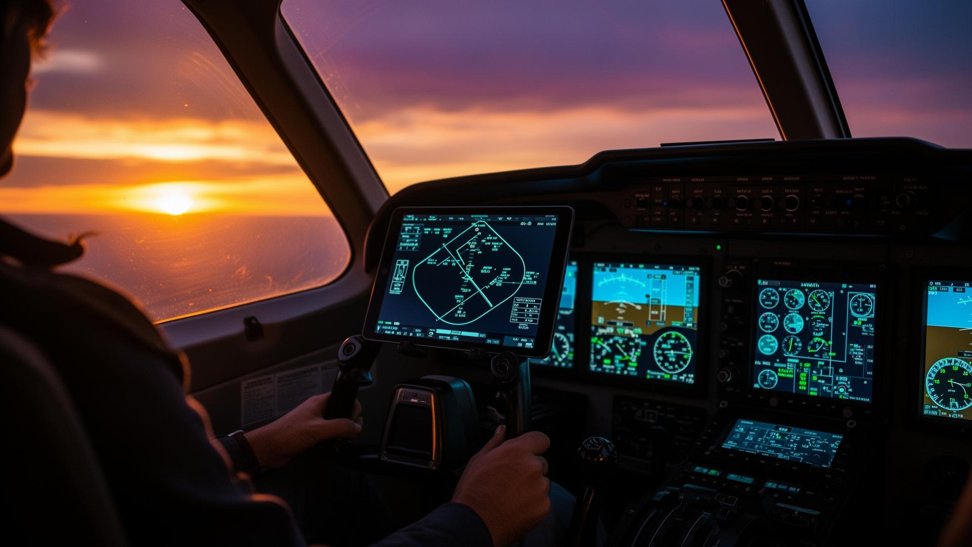 General aviation cockpit at dusk with glowing instruments